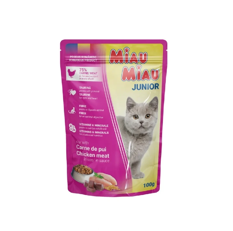 Hrana umeda pentru pisici Junior Miau Miau cu pui 100 gr